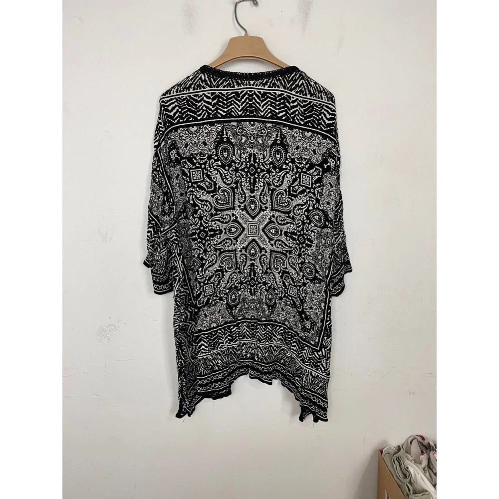 Bila Women Black White Paisley Geometric Open Front Kimono Cardigan‎ SX697 ML